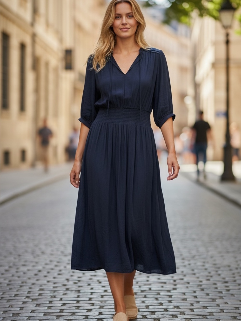 Gerard Darel Navy Pleated Smocked-Waist Midi Dress Lightweight Modest Maxi